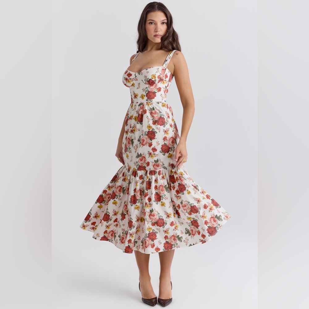 House of CB Elia Italian Rose Print Cotton Midi Sundress Plus cup - Picture 4 of 7